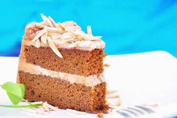Homemade coffee almond cake on dish, selective focus and relaxation idea