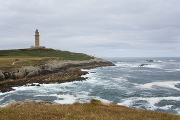 Fototapeta na wymiar ancient lighthouse in a coruna, spain