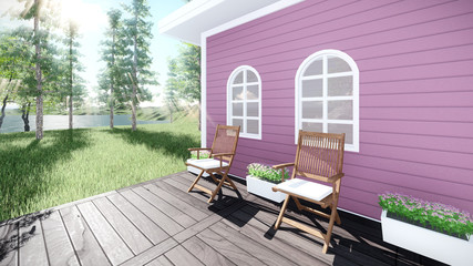 3d render from imagine vintage house terrace in the morning