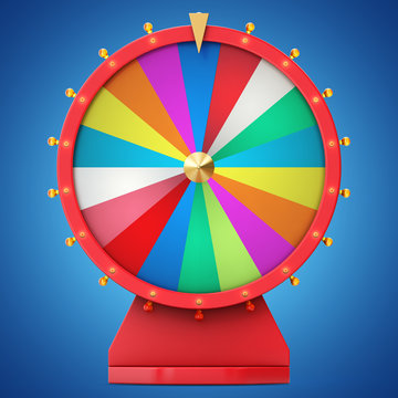 Realistic spinning fortune wheel, lucky roulette. Colorful wheel of luck or fortune. Wheel fortune isolated on blue tint background, 3d illustration