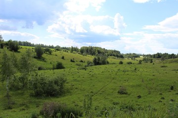 Obraz premium Typical for the Central Russian Upland landscapes - a rugged terrain with ravines and forest plantations along the fields.