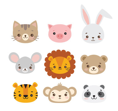 Set of vector animal faces. Illustrations of cute animal heads. Smiling animals. Children cartoons. Lion, tiger, cat, rabbit, mouse, monkey, panda, bear, pig.
