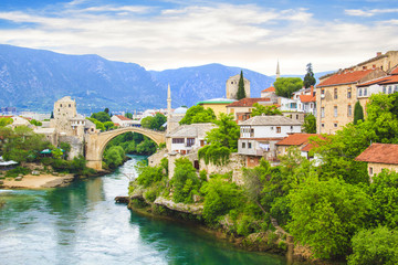 Fototapeta na wymiar Beautiful view Old bridge in Mostar, Bosnia and Herzegovina, on a sunny day