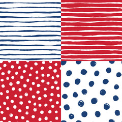 Obraz premium A set of hand drawn vector seamless patterns in navy and red. Brushed stripes and dots. 