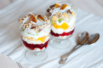 Delicious healthy dessert with cottage cheese, raspberry jam, fruit and muesli on a wooden background