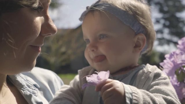 Mom Teaches Her Baby Girl How To Smell Flowers, Her Baby Holds Up The Flower For Her Mom To Smell, She Laughs