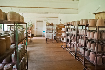 Pottery production. How to make clay products, jugs, pots, vases. Clay workshop. Painting and modeling of clay products