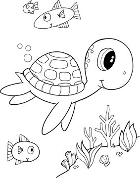 Cute Sea Turtle Vector Coloring Page