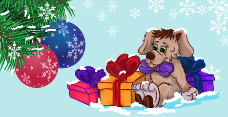 Little puppy with gifts in the snow