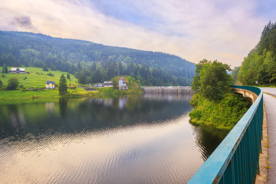 Early morning on the river Elbe. View of the dam. Czech Republic.
