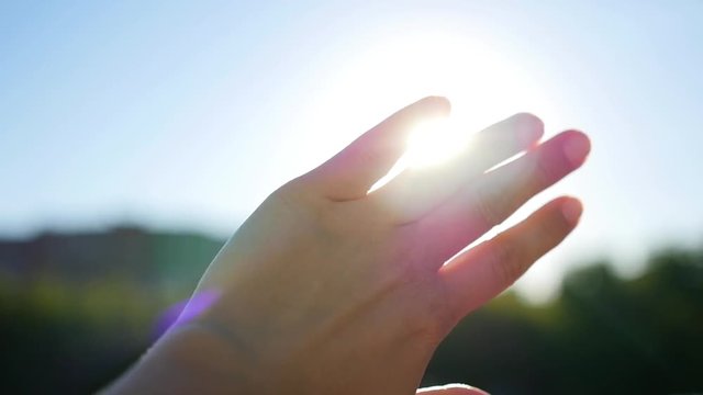 The sun in his hands. Woman hand to catch the sun on the background of beautiful sunset on the horizon. Nature.
