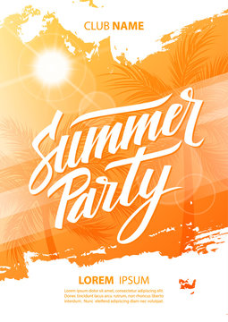 Summer party poster with hand lettering and palm trees. Vector illustration