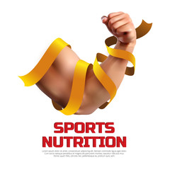 Sports nutrition vector illustration. Biceps of strong man wrapped in a gold ribbon and isolated on white background