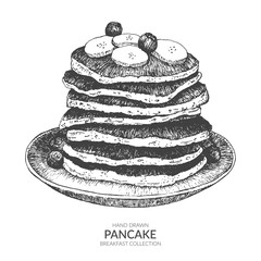 Hand drawn pancake with ink and pen. Vintage black and white illustration. Breakfast or sweet and dessert vector element.
