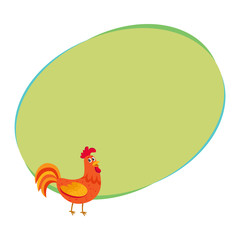 Cute and funny colorful farm rooster, chicken, cock, cockerel, cartoon vector illustration with space for text. Cute cartoon, comic style red and orange farm rooster, chicken