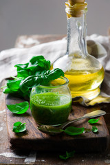BASIL VINAIGRETTE in glass jar. rustic style.