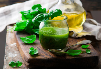 BASIL VINAIGRETTE in glass jar. rustic style.