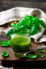 BASIL VINAIGRETTE in glass jar. rustic style.