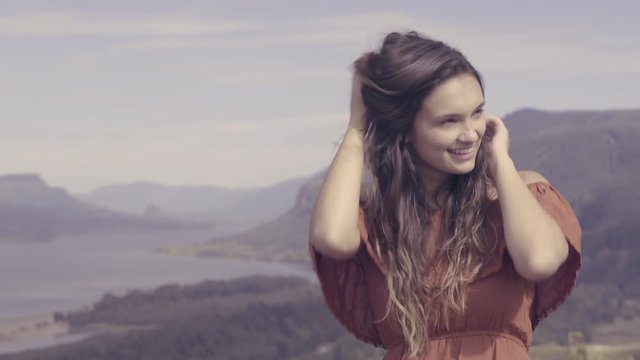 Beautiful Mixed Race Model, Laughs, Plays With Hair, In Nature 