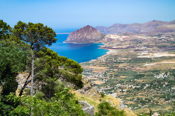 view of Cofano mount and the Tyrrhenian coastline from Erice, Sicily - obrazy, fototapety, plakaty