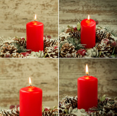 Four images with red candle lit and pinecones for Christmas