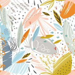 Vector abstract seamless pattern with scribble textures and doodle floral elements.