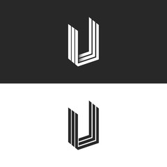 Letter U logo isometric geometric shape perspective monogram, hipster graphic initials UUU emblem mockup, black and white monogram decoration design element template.
