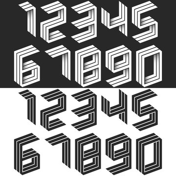Numbers set isometric geometric shape, black and white creative idea hipster monogram digits form in the perspective. Collection of figures. Mathematical symbols 1, 2, 3, 4, 5, 6, 7, 8, 9, 0