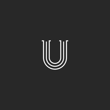 Retro letter U logo monogram, thin parallel lines medieval style capital initial emblem. Old style vintage letter design.