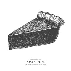 Hand drawn piece of pumpkin pie with ink and pen. Vintage black and white illustration. Sweet and dessert vector element.