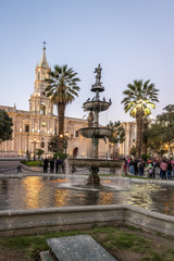 Fototapeta na wymiar Cathedral and Fountain at Plaza de Armas - Arequipa, Peru