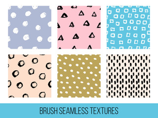 Colorful set of seamless vector free hand doodle textures, dry brush ink art.