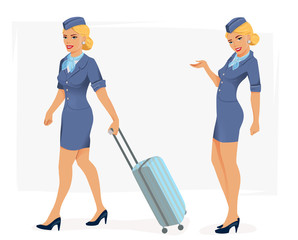 Vector illustration of smiling stewardess in blue suit.