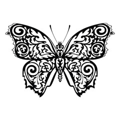 Black silhouette of butterfly with ornamental pattern.