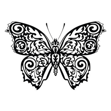 Black silhouette of butterfly with ornamental pattern.
