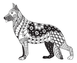 German shepherd dog head zentangle stylized, vector, illustration, freehand pencil, hand drawn, pattern. Zen art. Ornate vector. Lace. Coloring.