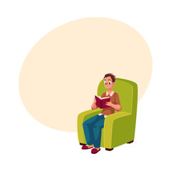 Young man, boy reading book sitting comfortably in armchair, cartoon vector illustration with space for text. Full length portrait of man, guy sitting in armchair, reading book