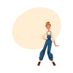 Woman, girl in 1990s style clothes, denim jumpsuit, hoop earrings, cartoon vector illustration with space for text. Pretty woman in 90s style clothing dancing at retro disco party