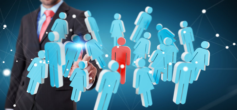 Businessman touching 3D rendering group of people with his finger