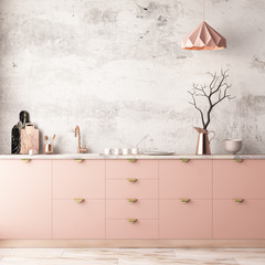 Mockup interior kitchen in pastel colors. 3D render, 3d illustration