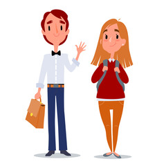 Back to school. Teenagers boy and girl. High school students with school bags. Isolated vector illustration on white