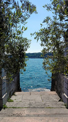 Fototapeta premium A glimpse of Lake Garda wavy waters caught between two green olive trees. Stone stairs and walls descending to the shore. Vertical photo taken in a sunny summer day (Salò - Brescia, Italy).