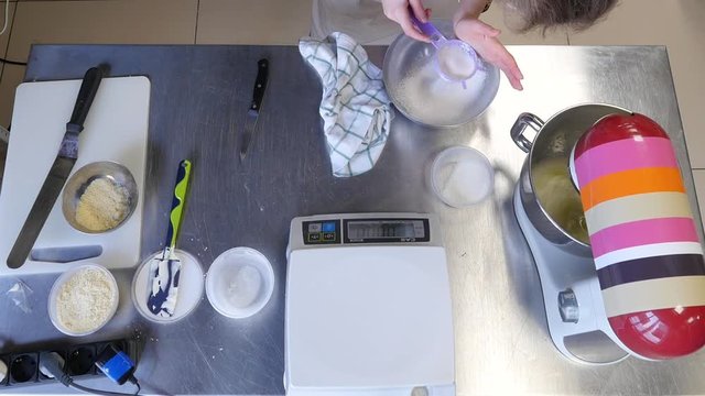 The process of making pie dough by hand. Baking ingredients for homemade pastry. Bake sweet cake dessert concept. Top view