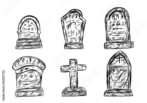"Halloween graveyard sketch by hand drawing.Black and white graveyard