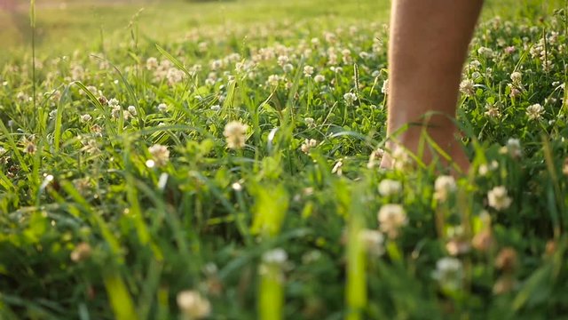 man with naked feet walking on the grass. Healthy lifestyle