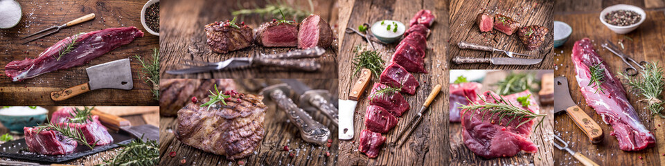 Beef steak. Collage of tenderloin beef  steak raw and grilled.