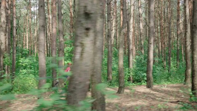 Little girl quickly rides a bicycle through the forest