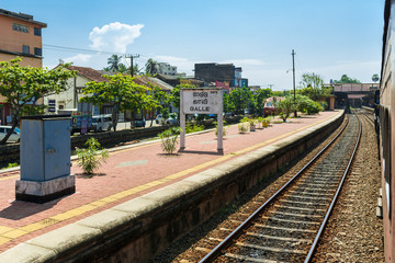 Fototapeta na wymiar Arriving in Galle, the capital of the southern Province Sri Lanka. Galle railway station is a major rail hub and a terminus station