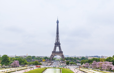 View of the Eiffel tower from observation deck at the Palais de Chaillot in Paris, France