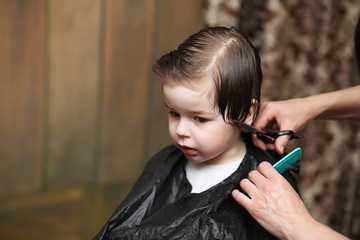 Obraz premium A little boy is trimmed in the hairdresser's bright emotions on face